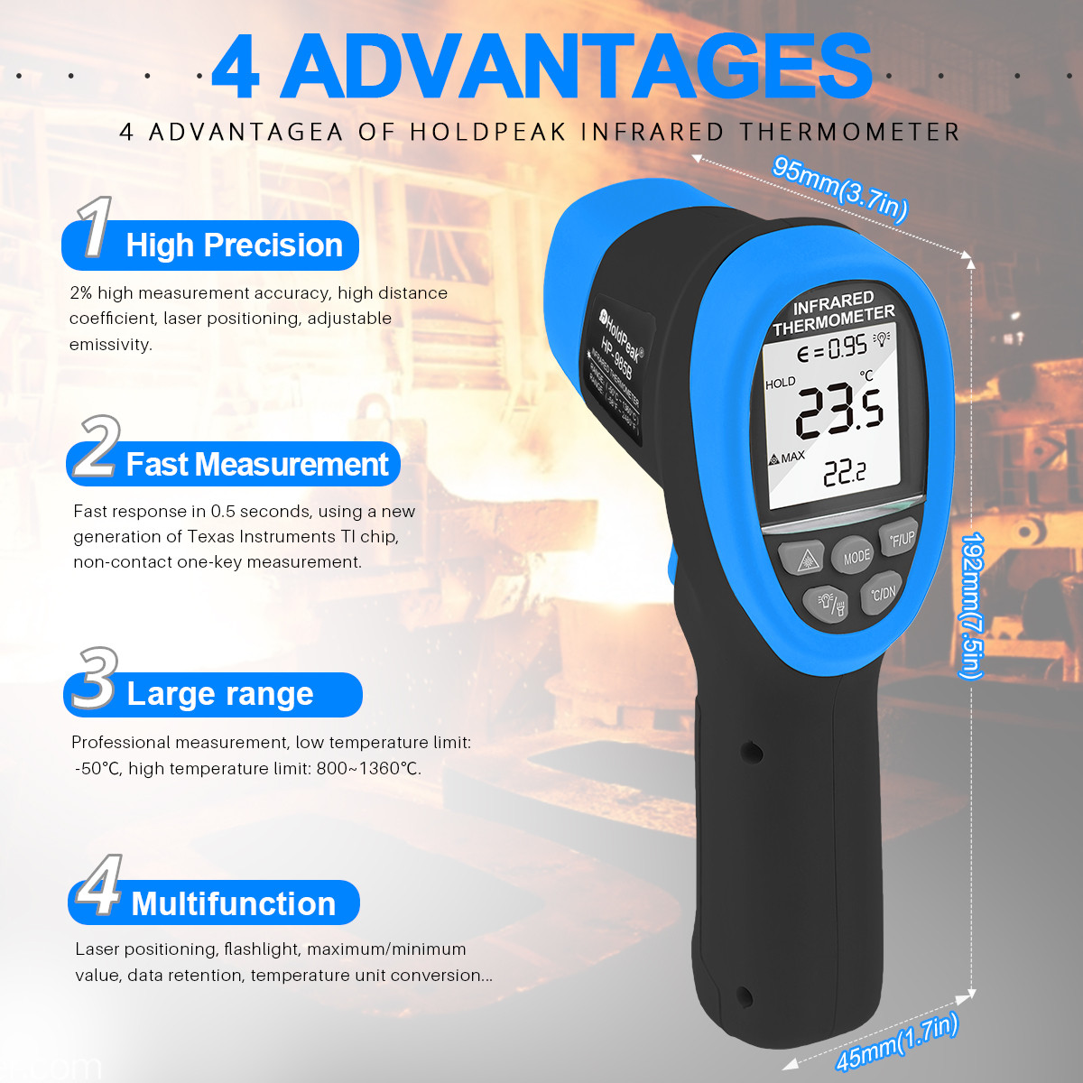 HOLDPEAK HP-985B Infrared Thermometer Non-Contact, -58℉~2480℉ (-50℃～1360℃)