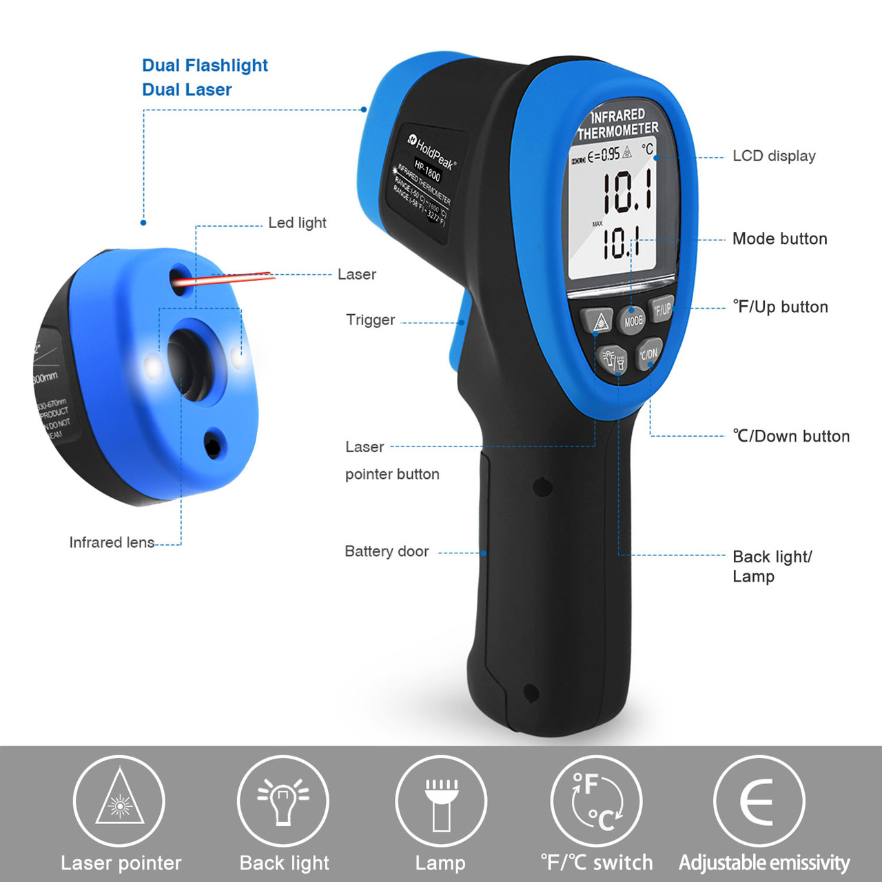 BT-1800 High Temperature Infrared Thermometer IR Handheld Temp  Gun,-50C~1800C