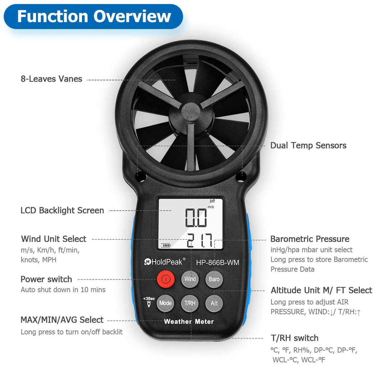 HP-866B-WM Anemometer,6 in 1 Wind Speed Meter with Tripod Holder