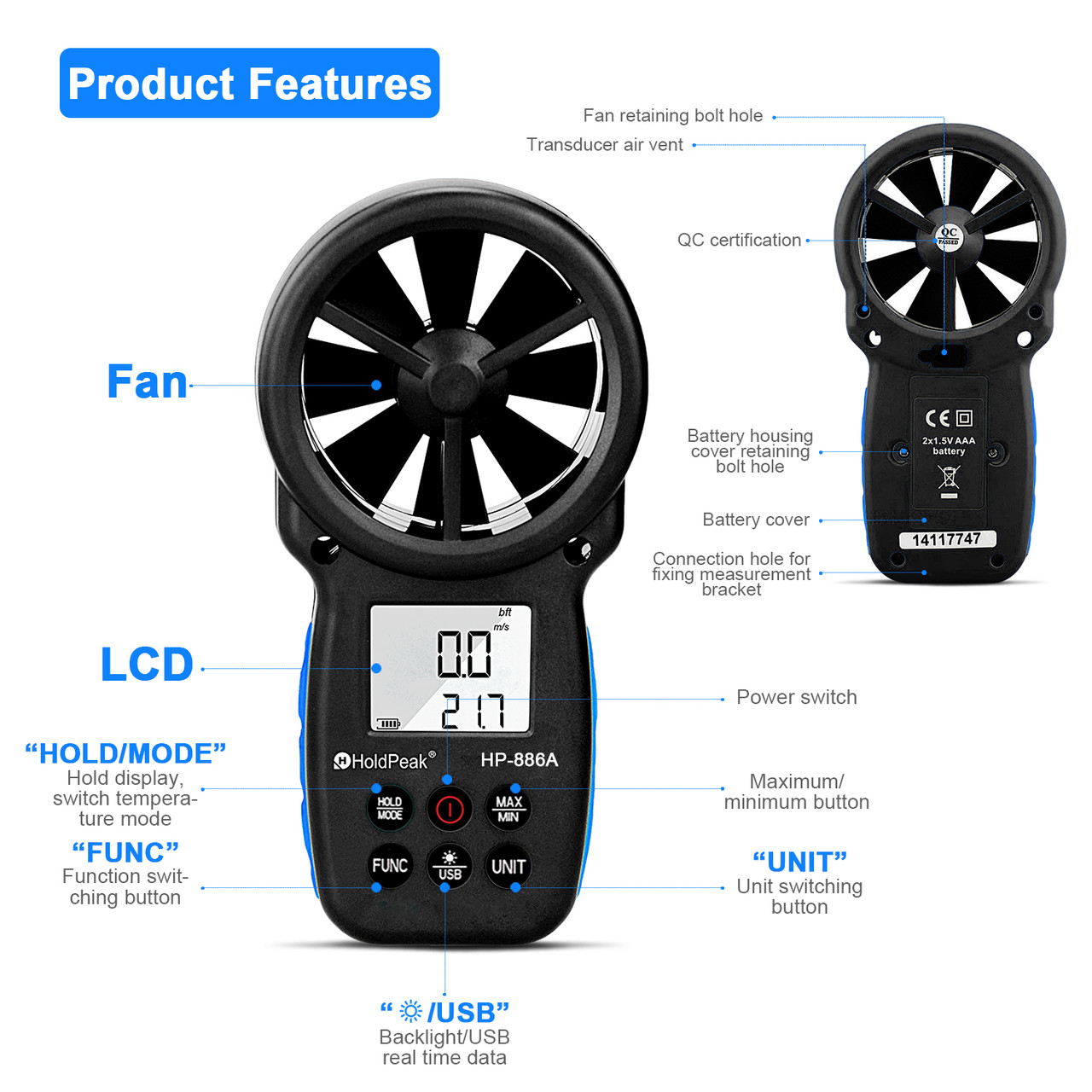 HP-866A Digital Anemometer Handheld CFM Meter with USB Connect