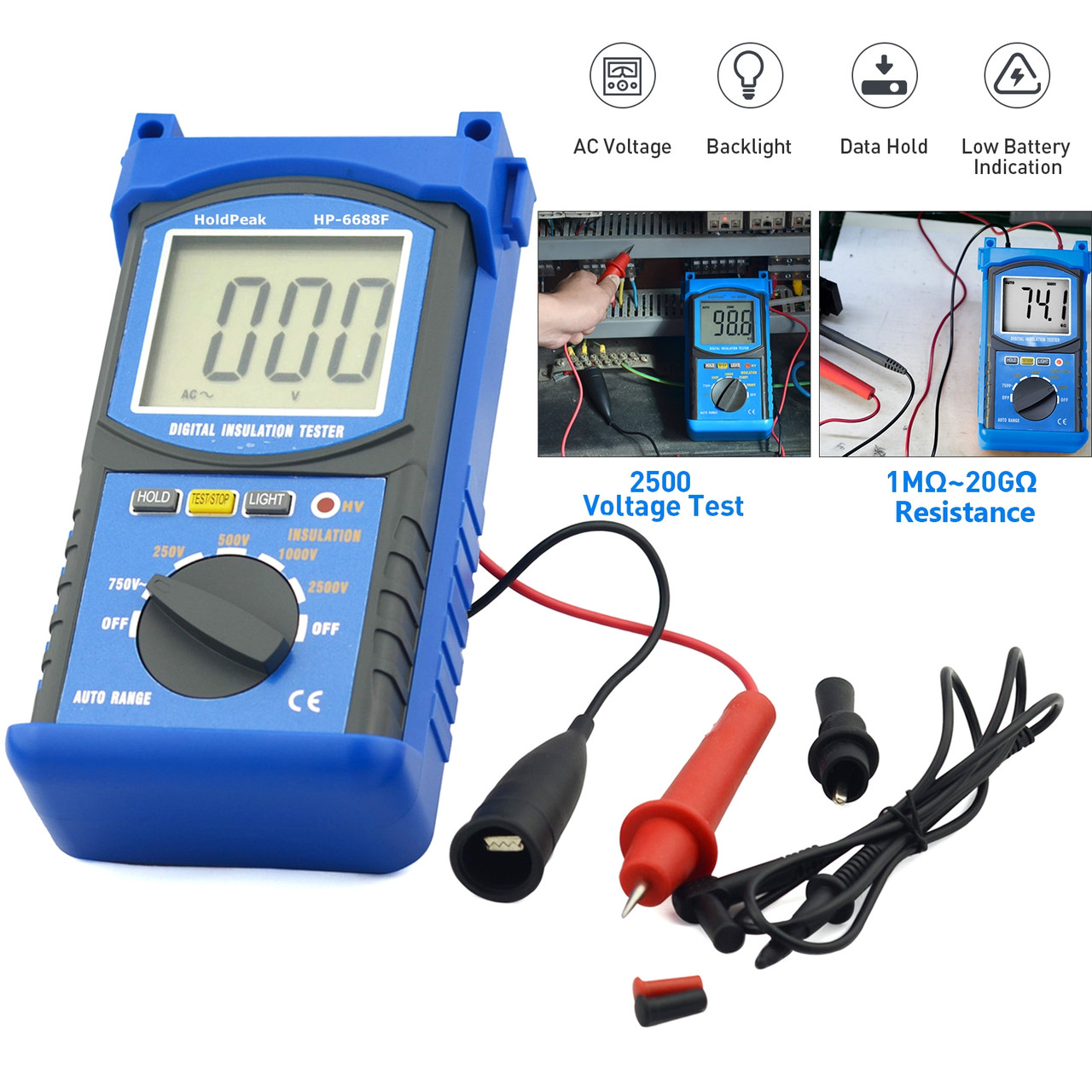 HoldPeak HP-6688F Digital Insulation Resistance Tester, Voltage Tester 250/  500/ 1000/ 2500V,