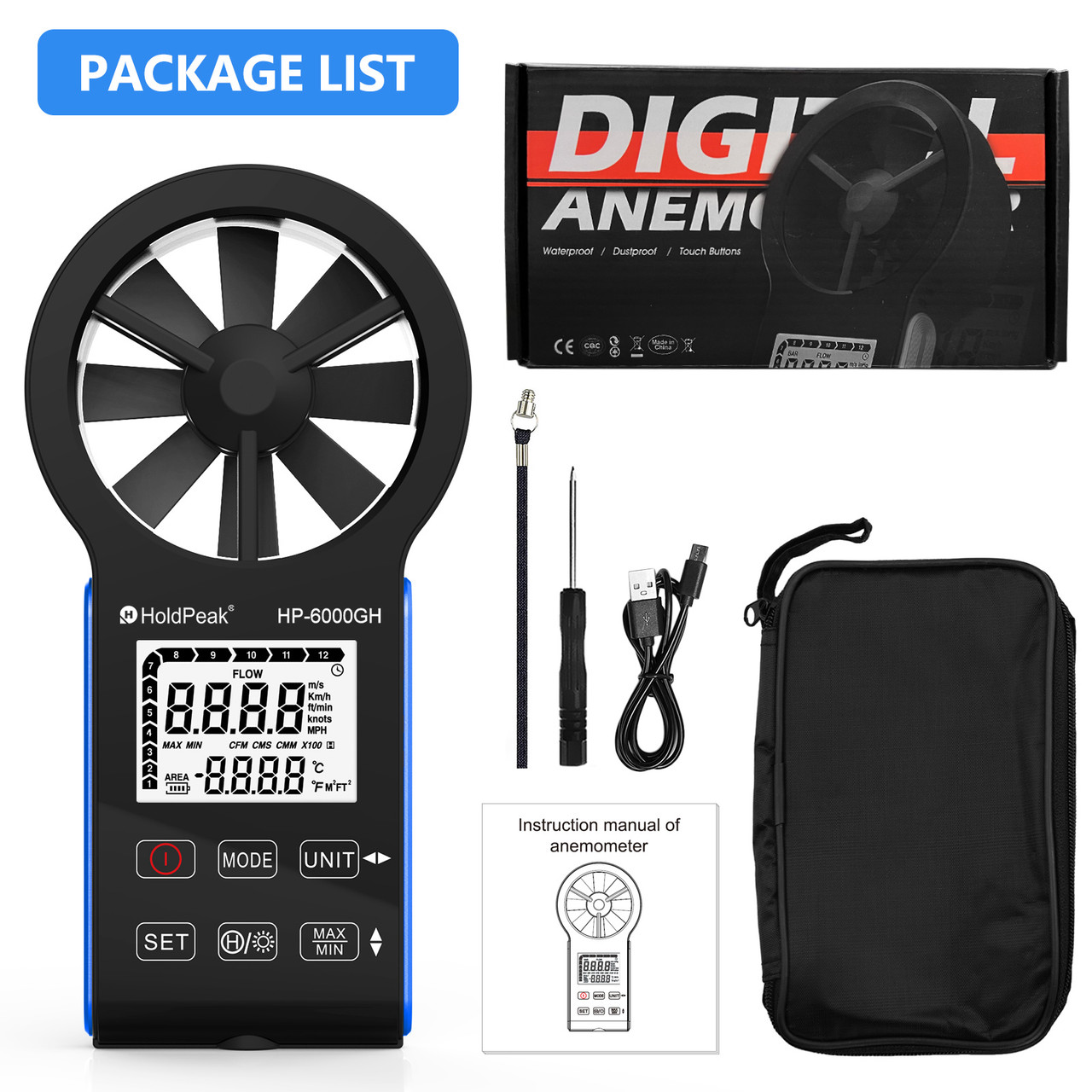 HOLDPEAK HP-6000GH Rechargable Anemometer Handheld Air Flow Meter