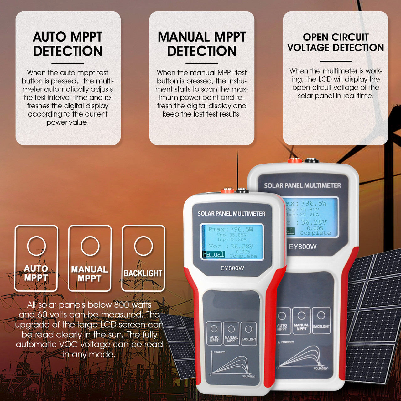 800W Solar Panel Tester, Smart MPPT Open Circuit Voltage