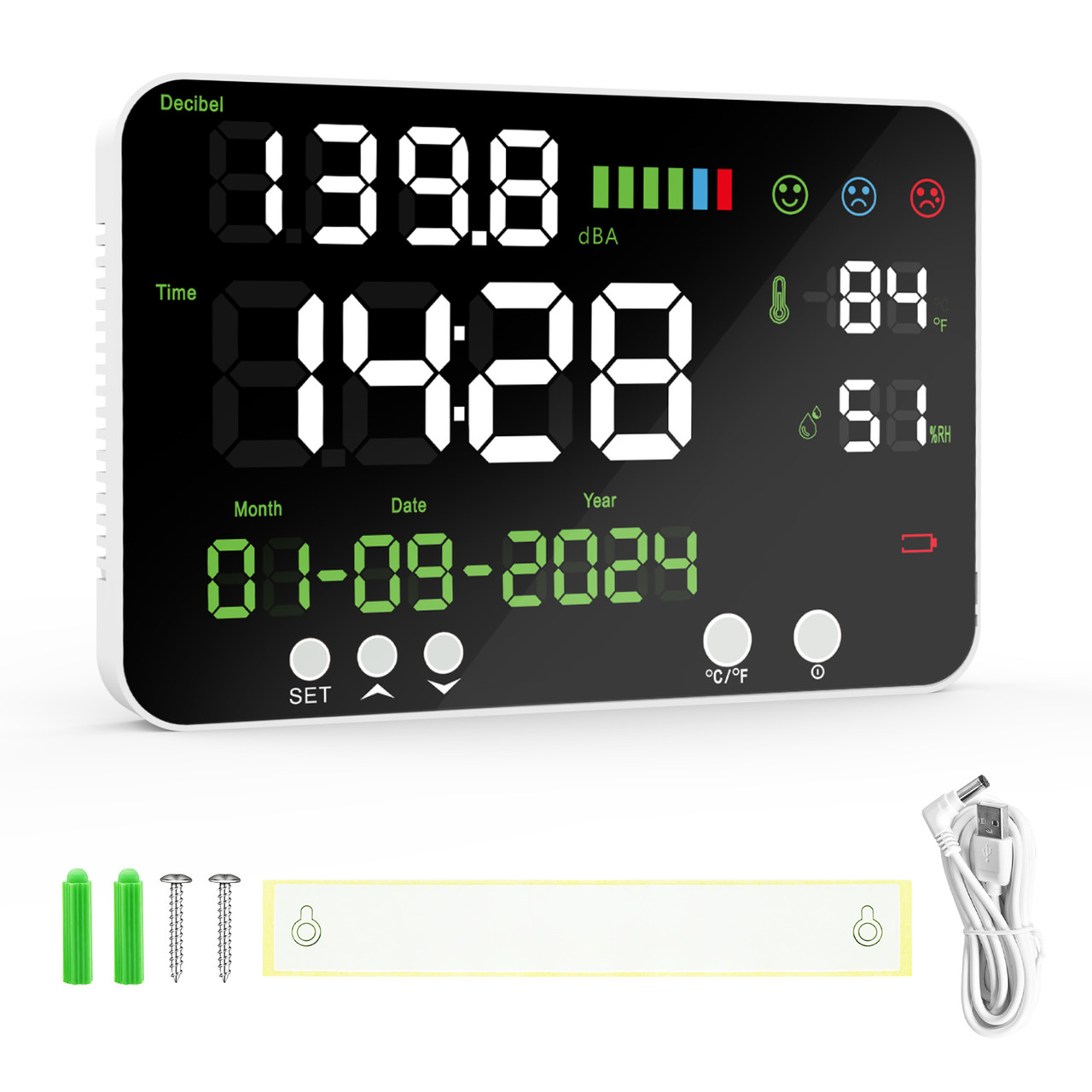 Misuratore Di Decibel Con Schermo LED – Visualizza Livello Rumore, Temperatura, Umidità E Orario, Allarme Regolabile, Ideale Per Aule, Studio E Casa