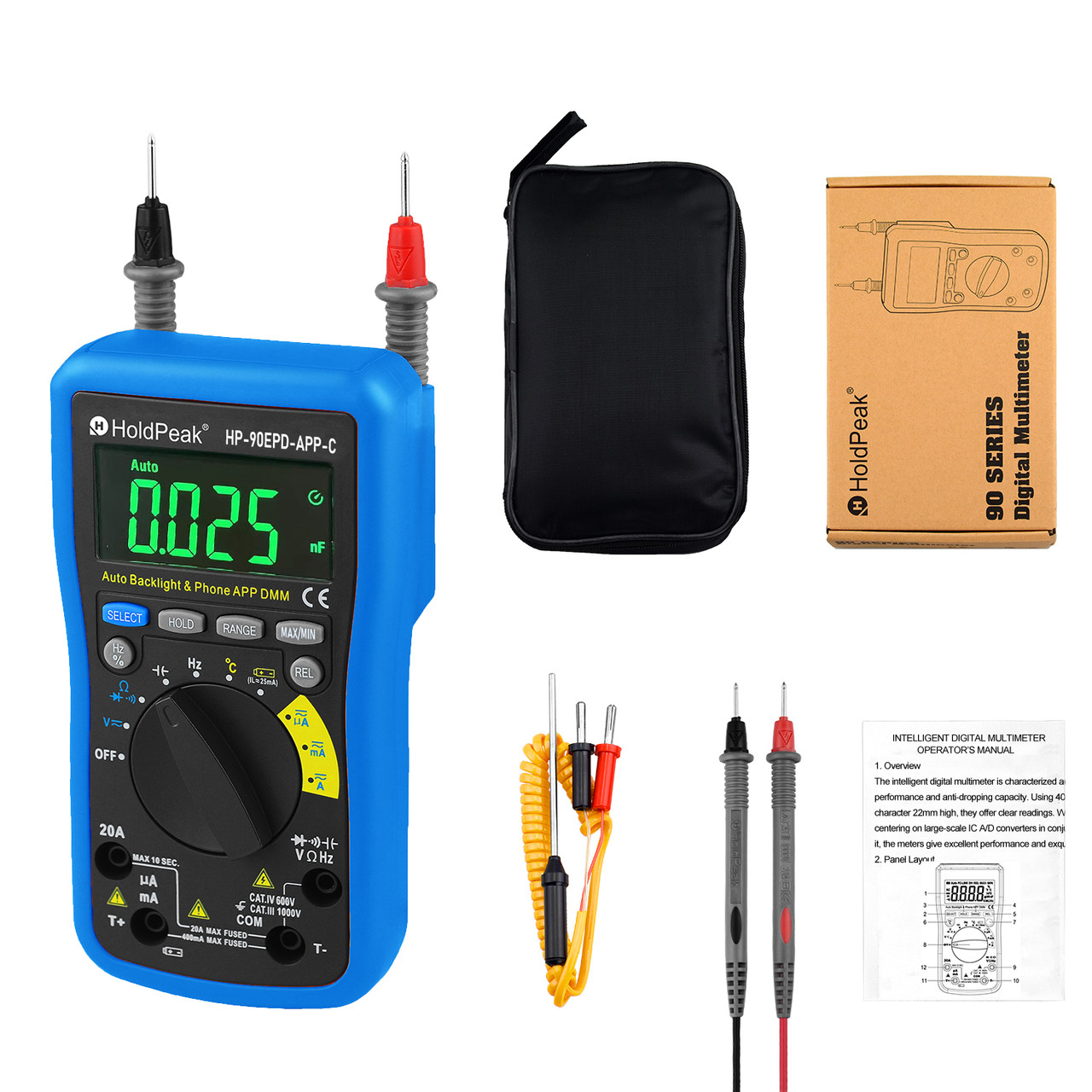 Holdpeak 990C SMD Smart Tester, draagbaar, 6000 tellingen, weerstandstester/ CMS-capaciteit, digitale multimeterlezer, automatische scan met vervangende testpennen (batterij inbegrepen