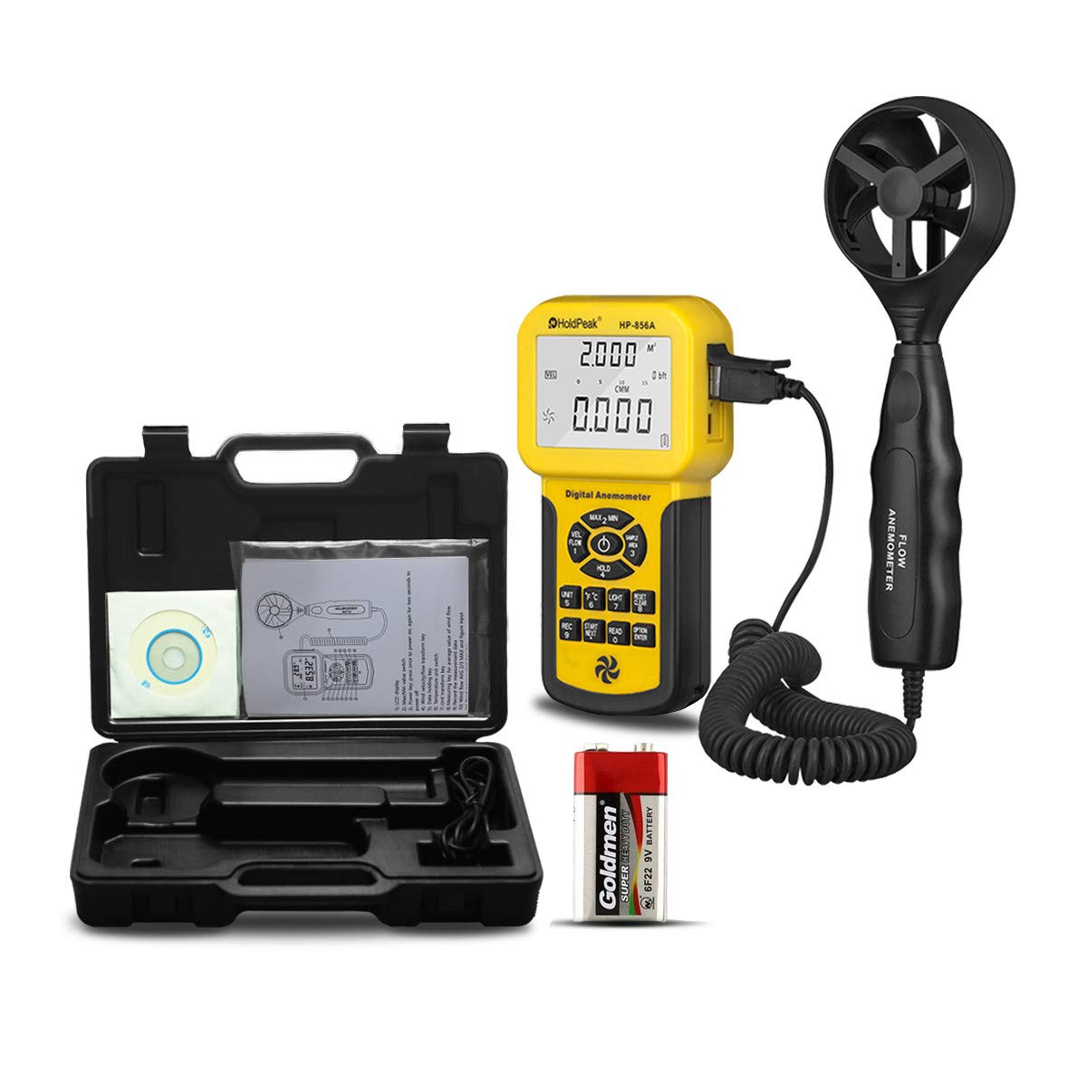 HoldPeak 856A Digital Anemometer for HVAC, Portable Anemometer for Measuring Air Flow Velocity, Airflow Anemometer CFM CMM with Wind Temperature, Data Retention and USB Port HoldPeak 856A Digital Anemometer for HVAC, Portable Anemometer for Measuring Air Flow Velocity, Airflow Anemometer CFM CMM with Wind Temperature, Data Retention and USB Port