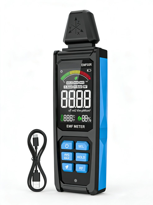 HP-T5-EMF02R 4-in-1 Electromagnetic Radiation Detector｜Broadband 30MHz-8GHz｜Simultaneous Monitoring of Electric Field/Magnetic Field/Power Density/Temperature & Humidity｜VA Color Screen Display｜Type-C Charging Portable Model