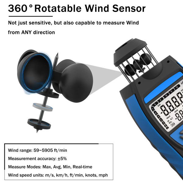 HOLDPEAK Cup Anemometer Handheld Air Flow Meter, Wind Speed Data Logger