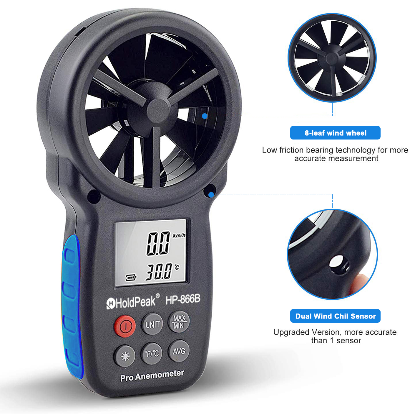 Anemometer HP-866B-WM Wind Speed Meter LCD Digital 30m/s Measure Air  Humidity