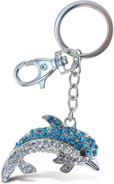 Blue Dolphin Keychain - Silver 3D Sparkling Charm Rhinestones Fashionable Stylish Metal Alloy Durable Key Ring Bling Crystal Jewelry Accessory With Clasp For Key Chain, Purse, Backpack, Handbag