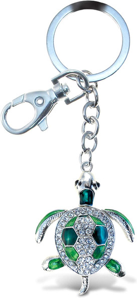 Aqua79  Green Sea Turtle Keychain - Silver 3D Sparkling Charm Rhinestones Fashionable Stylish Metal Alloy Durable Key Ring Bling Crystal Jewelry Accessory, Clasp For Key Chain, Purse, Backpack, Handbag