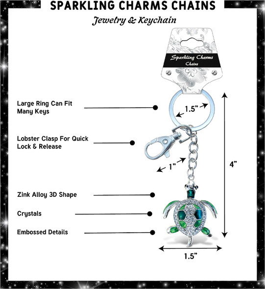 Aqua79  Green Sea Turtle Keychain - Silver 3D Sparkling Charm Rhinestones Fashionable Stylish Metal Alloy Durable Key Ring Bling Crystal Jewelry Accessory, Clasp For Key Chain, Purse, Backpack, Handbag