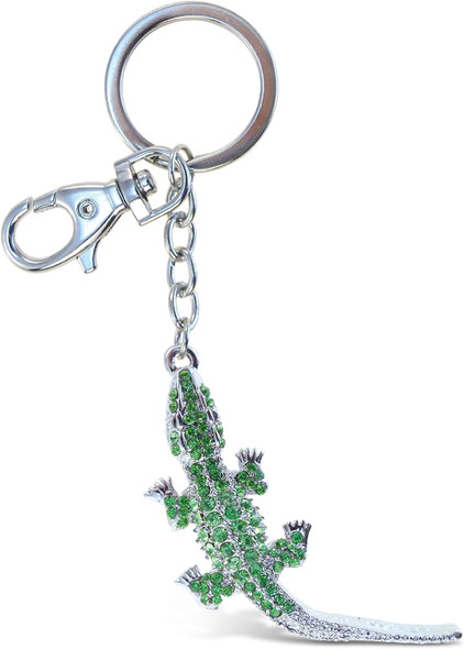Green Alligator Keychain - Silver 3D Sparkling Charm Rhinestones Fashionable Stylish Metal Alloy Durable Key Ring Bling Crystal Jewelry Accessory With Clasp For Keychain, Bag, Backpack, Handbag