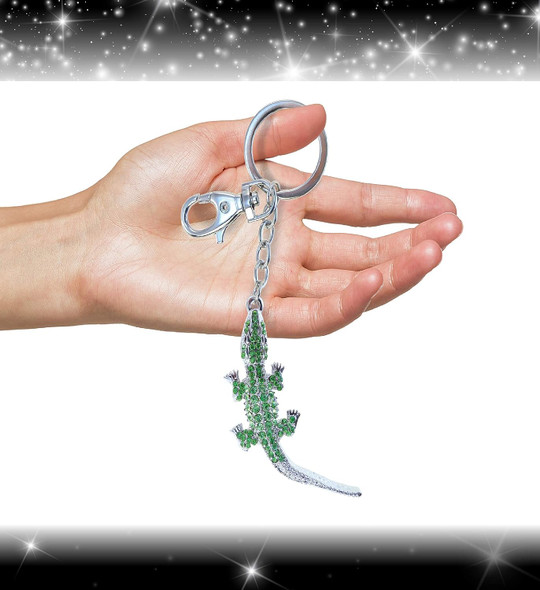 Green Alligator Keychain - Silver 3D Sparkling Charm Rhinestones Fashionable Stylish Metal Alloy Durable Key Ring Bling Crystal Jewelry Accessory With Clasp For Keychain, Bag, Backpack, Handbag