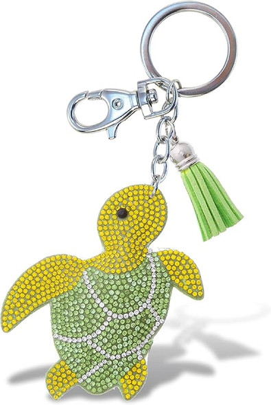 Sea Turtle Keychain - Green Sparkling Rhinestones Charm with Tassel, Fashionable Stylish Polyester PU Sea Life Key Ring Bling Jewelry Accessory with Clasp