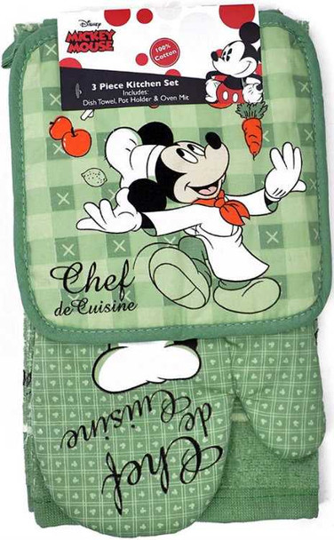 Disney Oven Mitt Pot Holder & Dish Towel 3 pc Kitchen Set (Mickey Mouse Green)