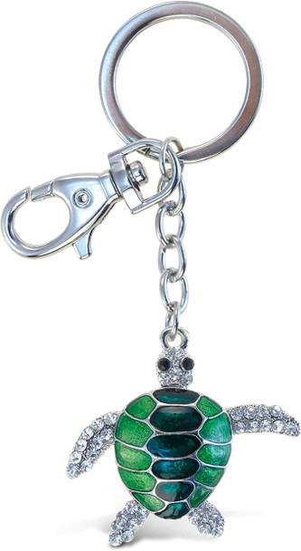 Green Sea Turtle Keychain - Silver 3D Sparkling Charm Rhinestones Fashionable Stylish Metal Alloy Durable Key Ring Bling Crystal Jewelry Accessory, Clasp For Key Chain, Purse, Backpack, Handbag