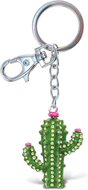 Cactus Keychain - Silver 3D Sparkling Charm Rhinestones Fashionable Stylish Metal Alloy Durable Key Ring Bling Crystal Jewelry Accessory with Clasp