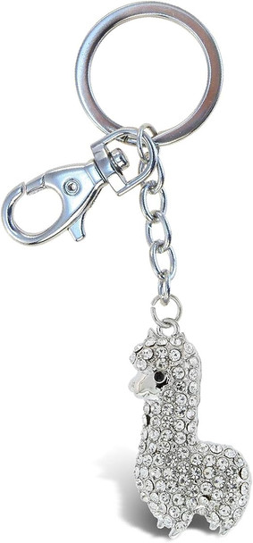 Llama Keychain - Silver 3D Sparkling Charm Rhinestones Fashionable Stylish Metal Alloy Durable Key Ring Bling Crystal Jewelry Accessory With Clasp
