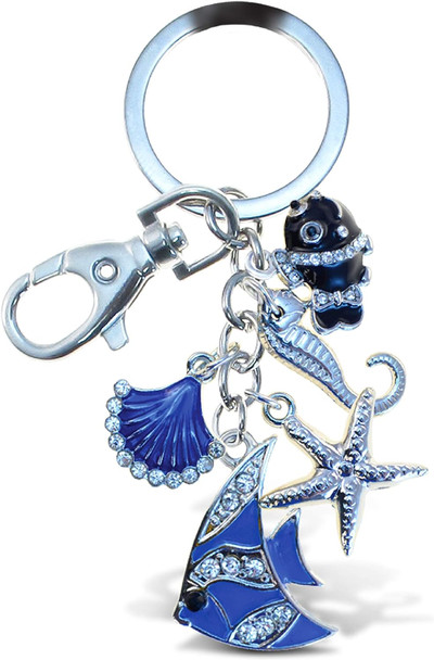 Beach Shells Collection Keychain - Silver 3D Sparkling Charm Rhinestones Fashionable Stylish Metal Alloy Durable Keyring Bling Crystal Jewelry Accessory, Clasp Keychain, Bag, Purse, Backpack