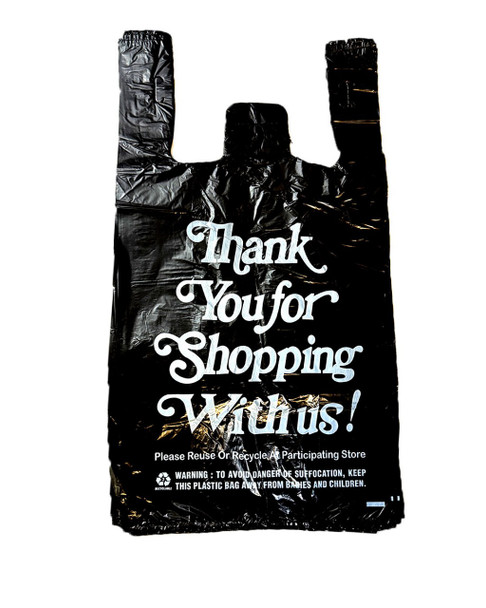 7STAR Black Thank You Plastic Bags with Handles 16 Micron – 1/6 Size (400 Count)