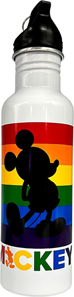 ickey Mouse black silhouette on a rainbow background Disney Pride water bottle.