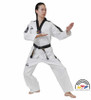 Daedo Fighter WT-approved Taekwondo dobok built for black belt competition. Lightweight polyester uniform with V-neck jacket, elastic drawstring pants, and durable construction for training and tournaments. Professional performance and comfort.