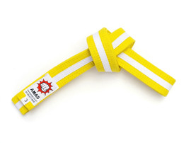 Standard yellow belt with a white stripe martial arts belt suitable for any martial art that uses white striped belts in their martial arts system.