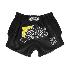Buy Fairtex 'Never Give Up' Muay Thai Shorts for ultimate comfort, durability, and style. Made with premium satin fabric and an 8-band waistband, these lightweight fight shorts offer maximum flexibility for Muay Thai, Kickboxing, and MMA.