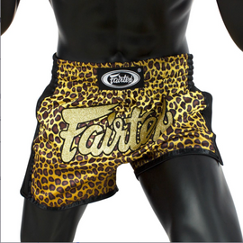 Buy Fairtex "Leopard" Muay Thai Shorts for ultimate comfort, durability, and style. Made with premium satin fabric and an 8-band waistband, these lightweight fight shorts offer maximum flexibility for Muay Thai, Kickboxing, and MMA.