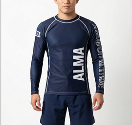 Battle Rash Guard Long Sleeve for BJJ, MMA, grappling and martial arts. Stretch-fit design for comfortable training and sparring. Black or Navy, L or XL.