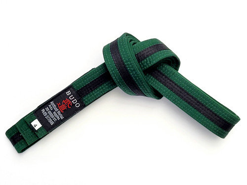 Shop the Budo Martial Arts BJJ Green Belt with Black Stripe Belt – durable 4cm wide cotton belt for BJJ Sizes 3-4. Symbol of advanced training.