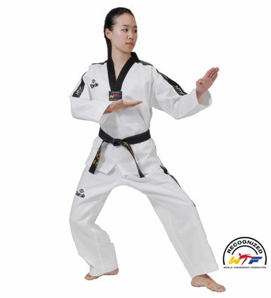 Daedo Fighter WT-approved Taekwondo dobok built for black belt competition. Lightweight polyester uniform with V-neck jacket, elastic drawstring pants, and durable construction for training and tournaments. Professional performance and comfort.
