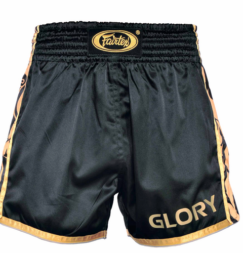 The official BSG1 Fight Shorts in striking black and gold are a limited edition release, designed in collaboration with Fairtex for uncompromising quality, comfort, and mobility.