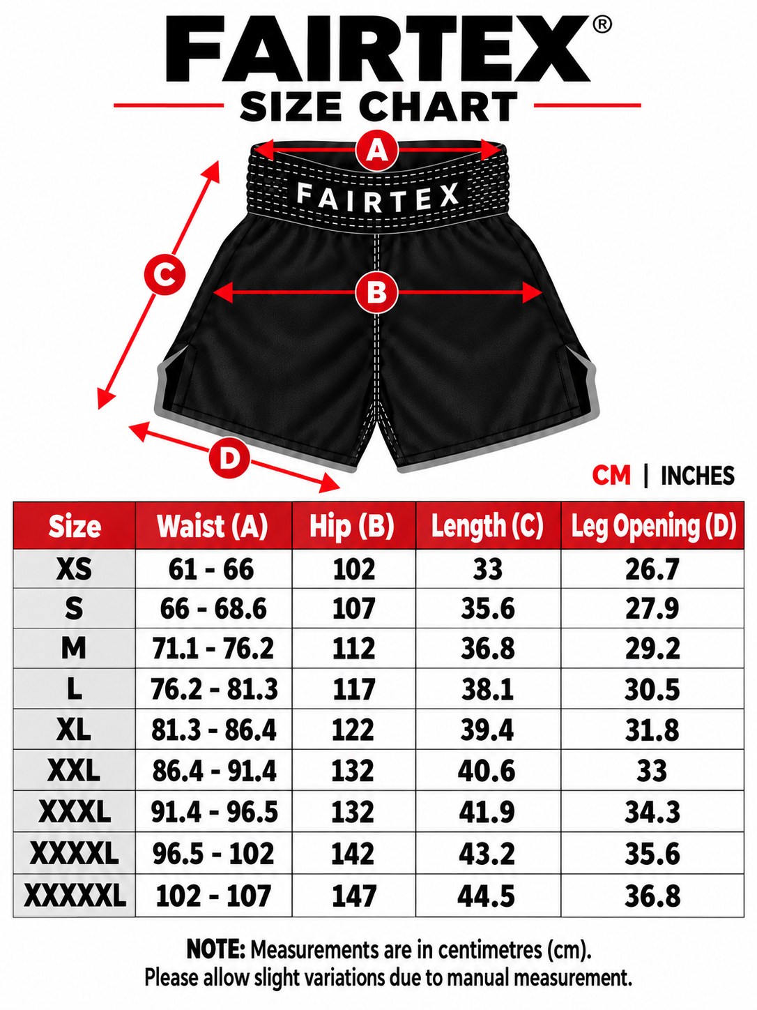 fairtex size chart