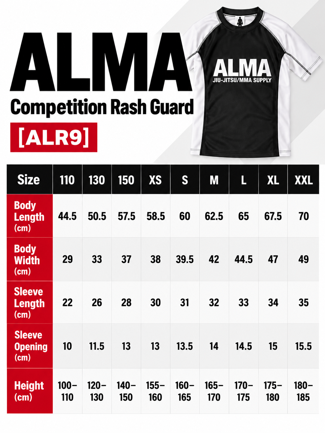 Alma Size Competition Ready Rash Guard Size Chart