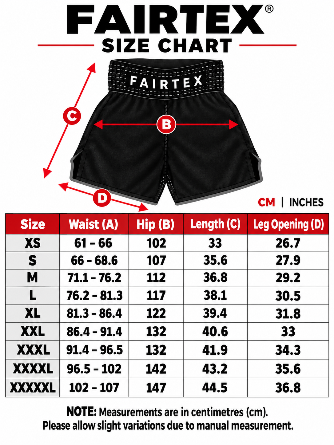 fairtex size chart