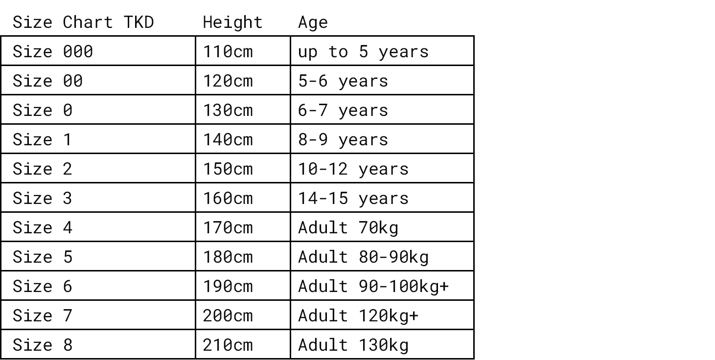 AMAS TKD Uniform Size Guide