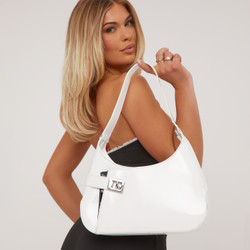 Peyton Lock Detail Shaped Shoulder Bag In White Patent | EGO