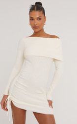 ribbed long sleeve bardot ruched bodycon dress Bardot Ruched Side Detail Mini Bodycon Dress In Cream Ribbed Knit | EGO US