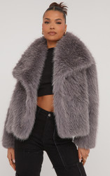 Oversized Collar Detail Cropped Jacket In Grey Faux Fur | EGO US | EGO