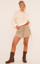 Contrast Stitch Pleated Cargo Mini Skirt In Khaki Woven