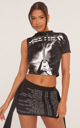 Low Rise Band Graphic Suspender Strap Mini Skirt In Black | EGO US