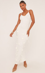スカート Punching Knit Dress IVORY Strappy V Neck 3D Flower Detail Maxi Dress In Cream Knit