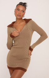 Long Sleeve V Neck Faux Fur Trim Mini Dress In Brown Knit