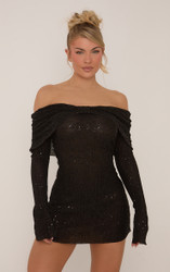 all that glitters long sleeve bardot mini dress in black Bow Bodycon Textured Glitter | EGO UK Size:3XL_34-36 spirited silhouette and romantic nav-560 Banana Republic Women's Black