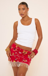 Mid Rise Tassel Hem Detail Mini Skirt In Red Floral Print | EGO US