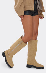 Jamming Zip Buckle Zip Detail Knee High Biker Boot In Beige Faux