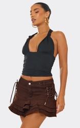 Mid Rise Ruffle Side Lace Up Detail Mini Skirt In Brown Denim
