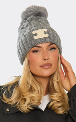 Logo Detail Pom Pom Beanie Hat In Grey Cable Knit | EGO UK | EGO
